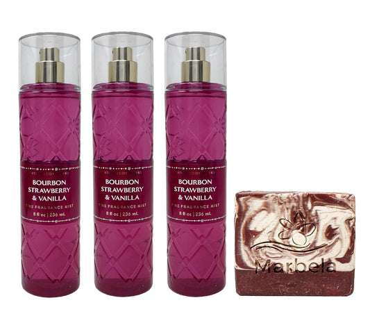 🌺🍦 Bath & Body Works Bourbon Strawberry & Vanilla Mist Gift Set | 3-Pack + Cherry On Top Bar Soap